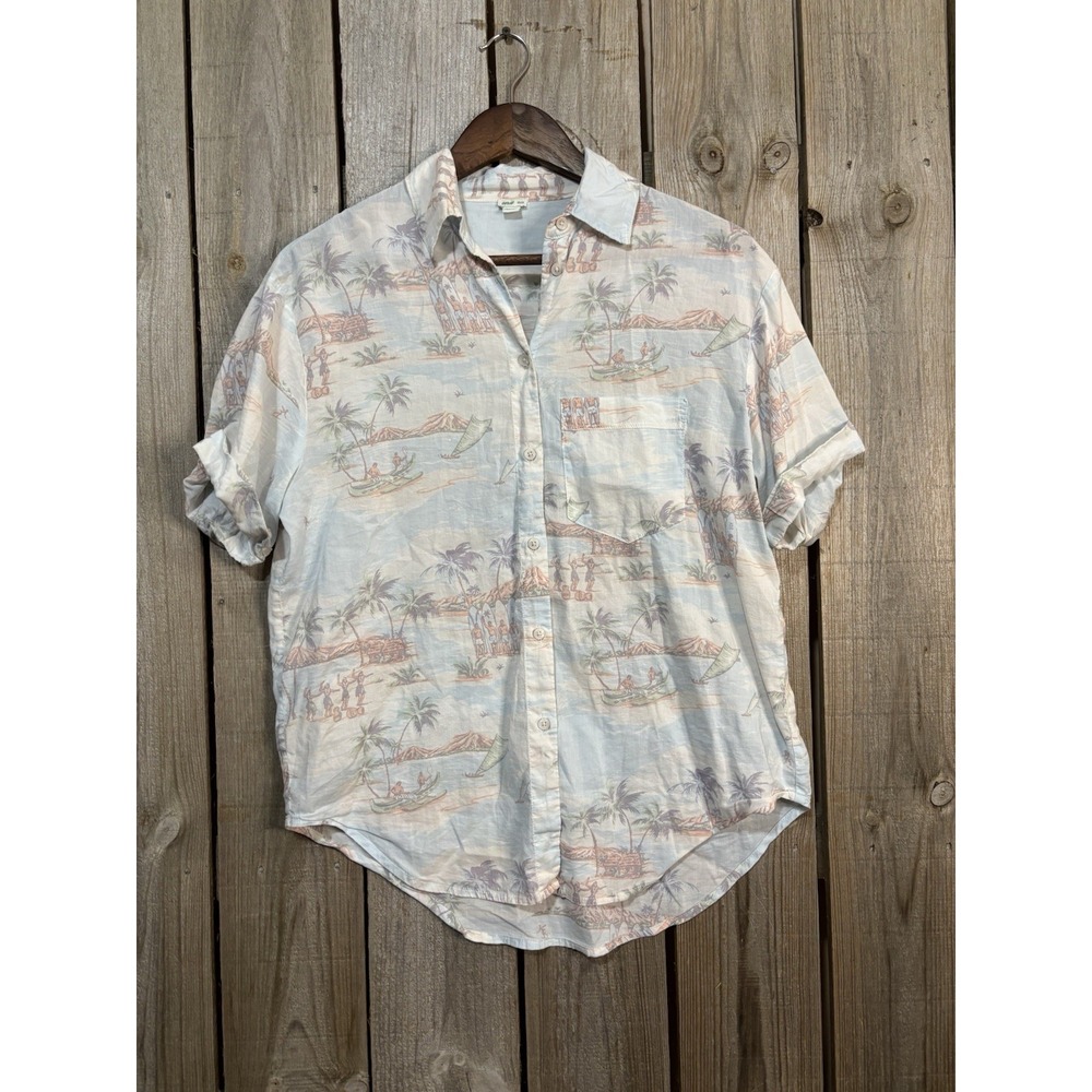 Aerie Island Print Button Down XS Tropical Scenic Beach Shirt